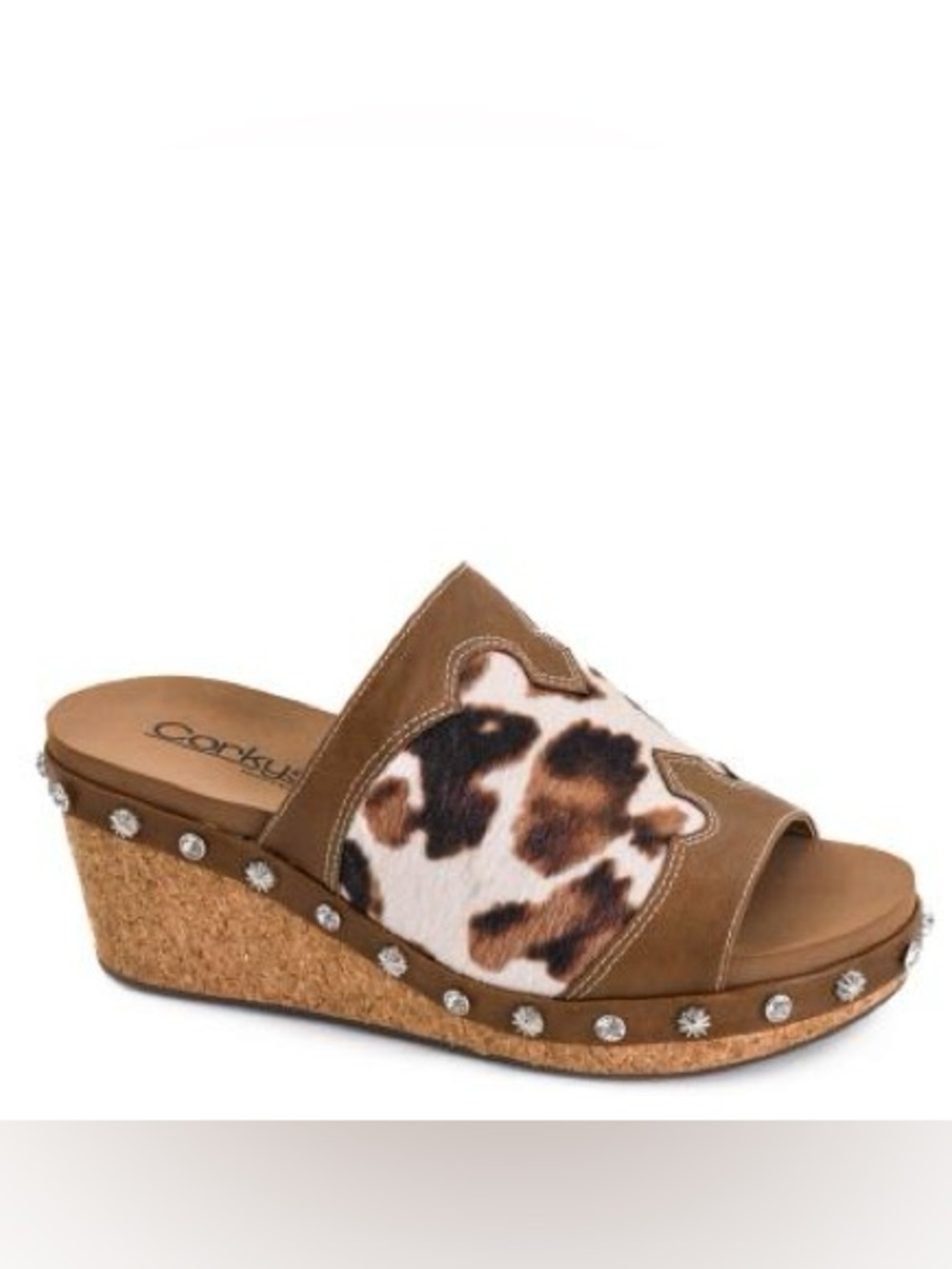 Corkys Brown Cowhide-Print Wedge Slide with Stud Accents